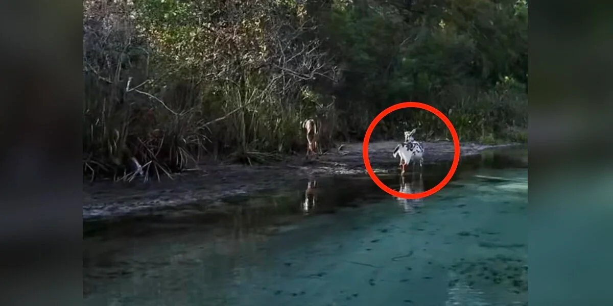 Un diportista si trova faccia a faccia con un raro animale maculato sulla riva del fiume